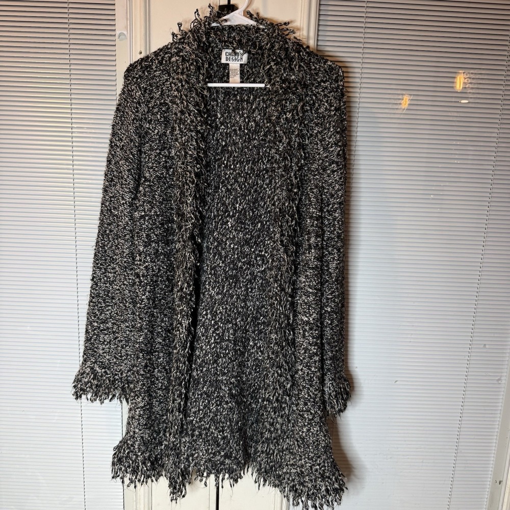 Unique vintage y2k‎ Black White V-Neck Sweater with yarn fringe Chicos Design